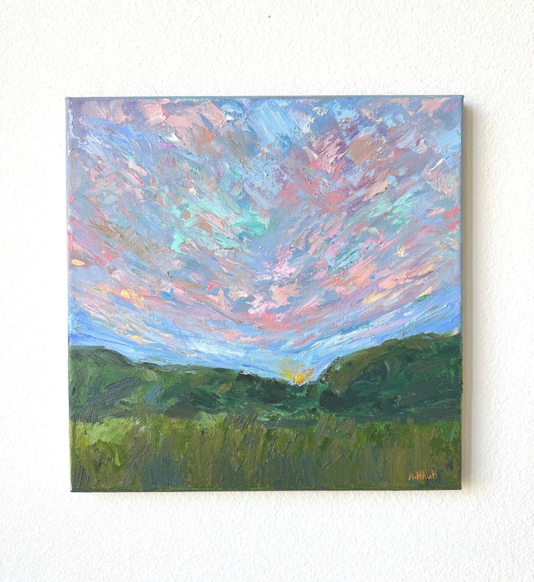 Original Sunset Landscape Oil Painting Colorful Sky Small Canvas Wall ...