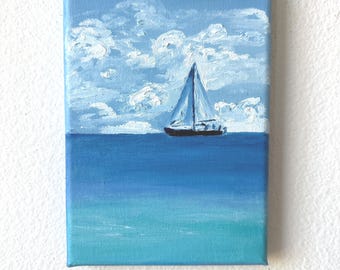 Sailboat Oil Painting – Original Small Seascape Art, Blue Ocean Wall Decor