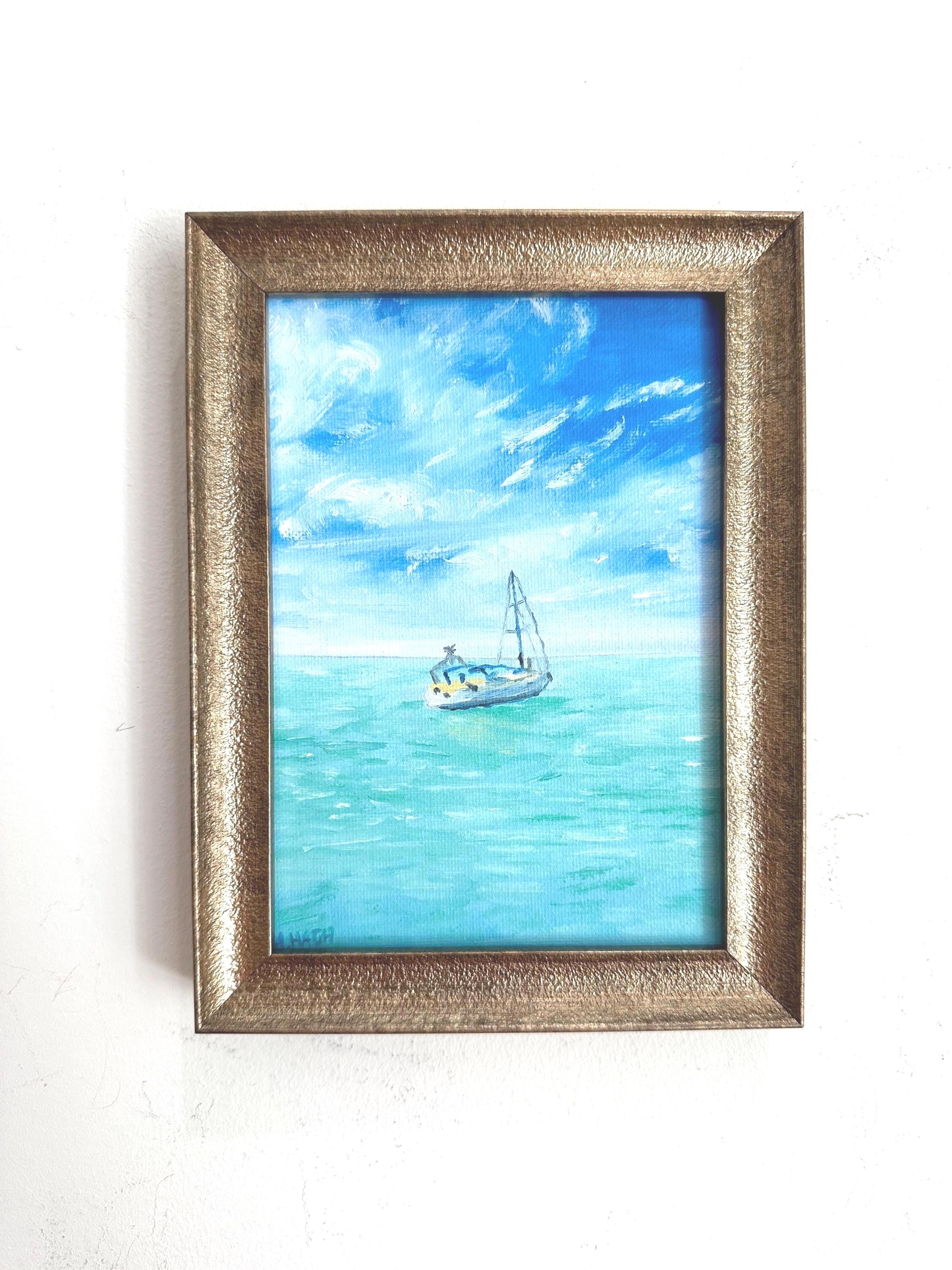 ヴィンテージスタイルの額装済み帆船油絵：海岸風景画（5×7インチ