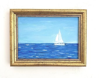Mini Sailboat Oil Painting: Vintage Coastal Nautical Art, Framed 5x7 Inches