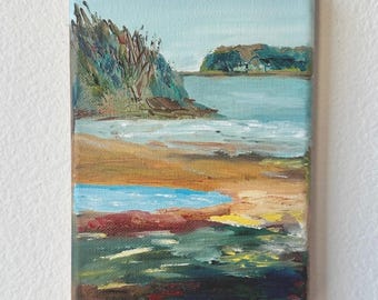 Pintura al óleo original de paisaje costero marino, pequeña obra de arte playera sobre lienzo texturizado con motivos oceánicos.