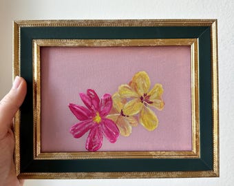 Framed Floral Oil Painting – Mini Original Flower Art, Vintage Style Wall Decor