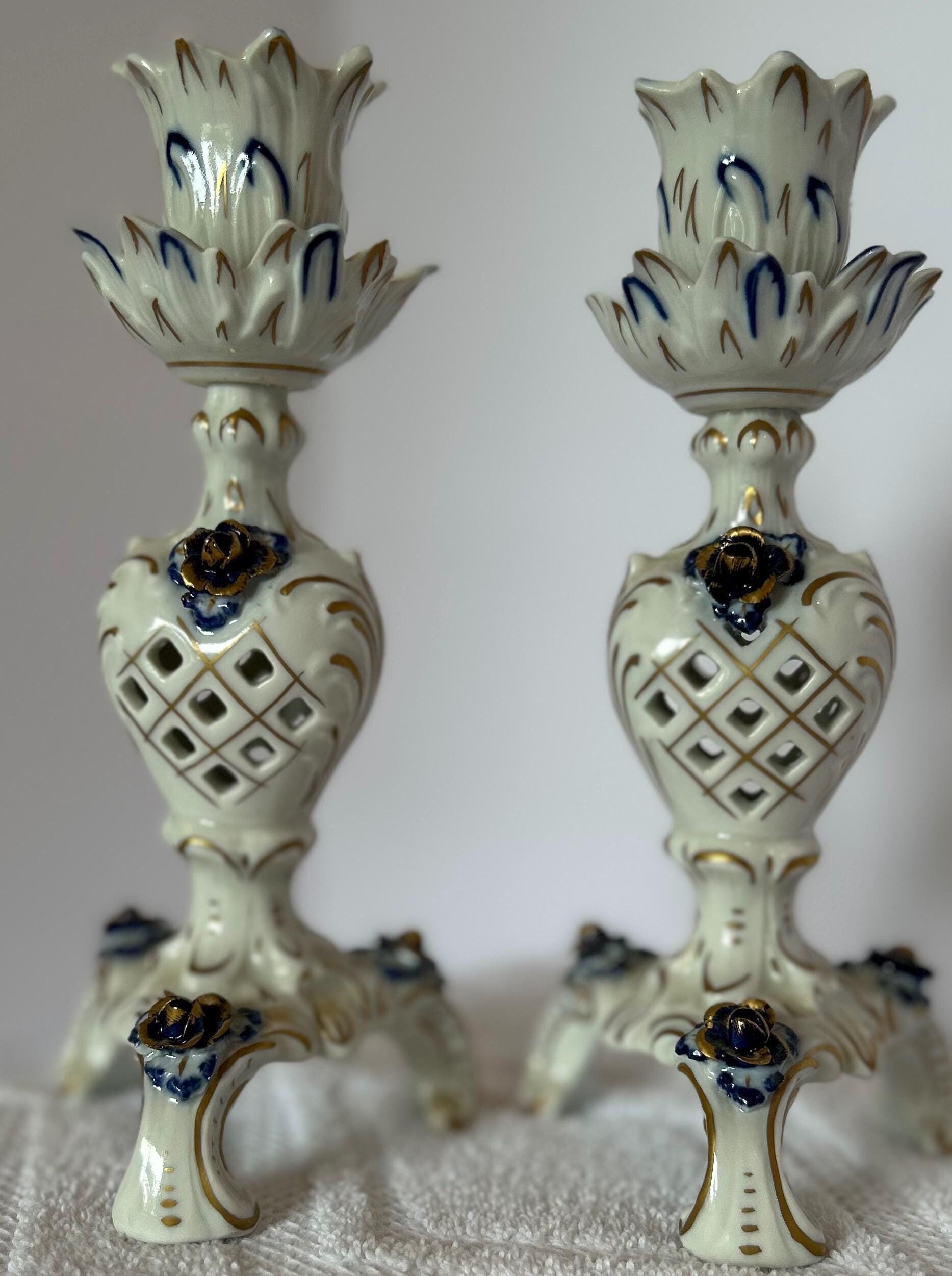 Pair of Vintage Von Schierholz DRESDEN Porcelain Footed CANDLE