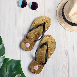 Golden summer flip flops, unique sandals, modern style, gift idea, beach shoes, vacation ready, casual beachwear