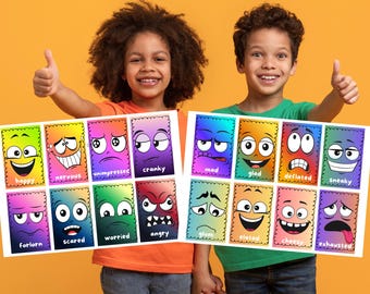 May include: Two children hold up colorful emotion charts with cartoon faces. Each chart displays 12 different emotions, such as happy, sad, and angry. The children are smiling and giving a thumbs-up, set against an orange background.
