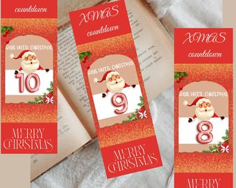 Printable Xmas Countdown Bookmarks, Trendy Xmas Style, DIY Book Accessory, School Supplies, Book Lover Gift, Holiday Countdown, Holiday Gift