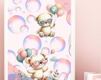 Cute Nursery Poster Bear Balloon, Nursery Wall Art, High Quality Print, Digital Download, Baby Room Decor, Kids Room Art, Playroom Wall Art