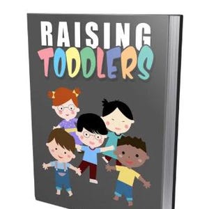 Könnte beinhalten: Ein Buch mit dem Titel "RAISING TODDLERS" mit farbenfrohem Text und einem dunkelgrauen Einband. Das Cover zeigt Illustrationen von fünf verschiedenen Kindern mit ausgestreckten Armen. Der Buchrücken ist schwarz.