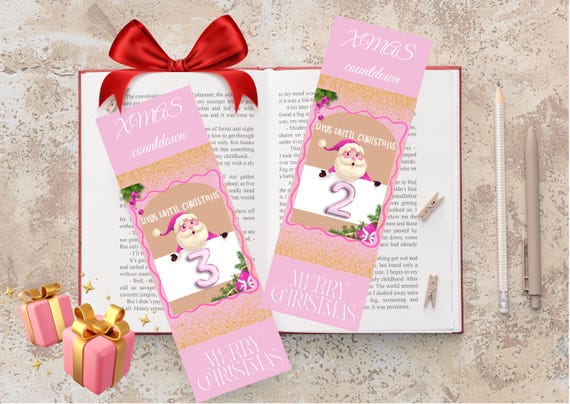 Printable Pink Xmas Countdown Bookmarks, DIY Book Accessory, Trendy Pink Xmas Style, Holiday Countdown, Book Lover Gift, Pink Christmas