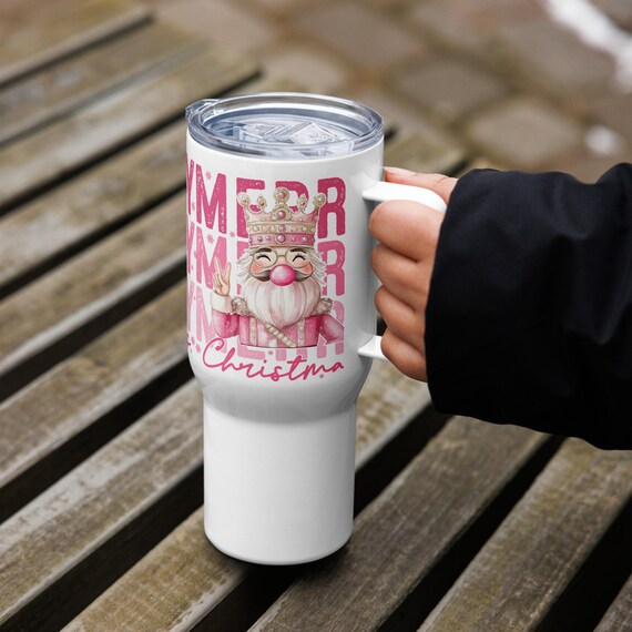 Merry Christmas Travel Mug with Handle, Pink Christmas Mug, Holiday Travel Cup, Festive Drinkware, Reusable Travel Mug, Festive Drinkware