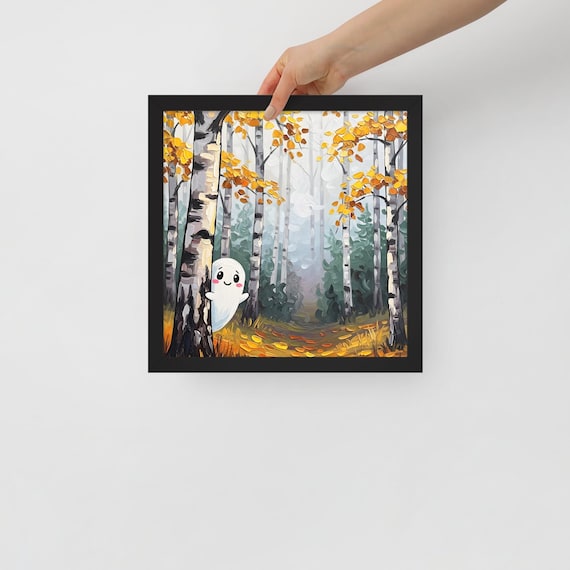 Whimsical Ghost Landscape Oil Painting, Framed Poster, Fantasy Wall Art, Halloween Decor, Spooky Art Print, Fall Decor