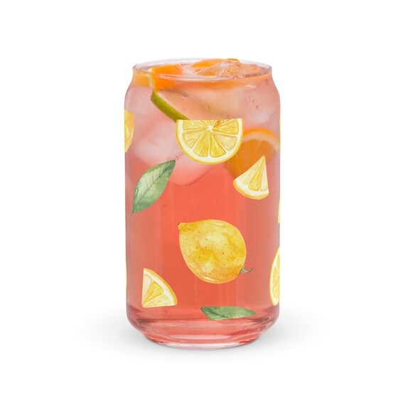Lemon Watercolor Can Glass, Decorative Can Glass, Summer Party Glassware, Lemon Home Decor, Drinkware Gift