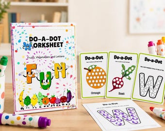 May include: A Do-a-Dot Worksheet book titled Fruits, Vegetables and Letters with colorful cartoon fruit and vegetable characters. Includes three activity cards showing an orange, a beet, and the letter W, plus a worksheet page and dot markers.