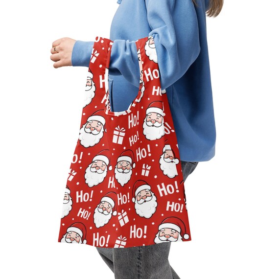 Ho Ho Shopping Bag, Reusable Grocery Bag, Eco Friendly Tote, Christmas Gift, Holiday Bag, Santa Helper Tote, Santa Theme Bag