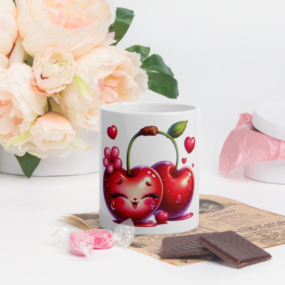 Valentine Cherry White Glossy Mug, Cute Gift, Mothersday Present, Birthday Mug, Cherry Design Coffee Cup