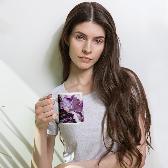 Modern White Glossy Mug Paintflower-Splash Lila, Stylish Summer Gift, Unique Floral Tea Cup, Spring Coffee Mug