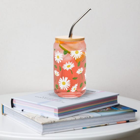 Daisy Flower Can-Shaped Glass, Floral Glass Tumbler, Summer Drinkware, Flower Pattern Glass, Fun Glassware Gift, Gift for Her