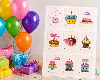 Kids Happy Birthday Gift Tags, Colorful Tags, Party Favor Tags, Birthday Party Supplies, Happy Birthday Tags, Printable Gift Tags, Gift Tag