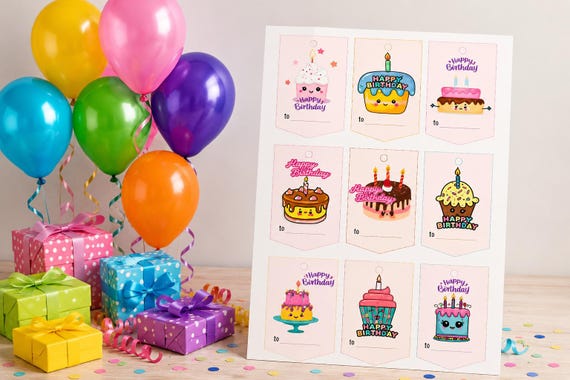 Kids Happy Birthday Gift Tags, Colorful Tags, Party Favor Tags, Birthday Party Supplies, Happy Birthday Tags, Printable Gift Tags, Gift Tag