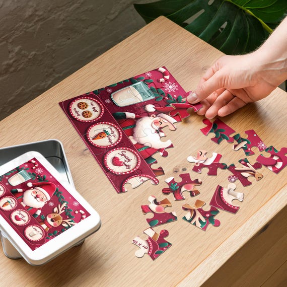 Cute Santa Puzzle with Tin, Family Activity, Xmas Activity, Holiday Jigsaw, Santa Puzzle, Christmas Gift, Kids Game, Holiday Puzzle