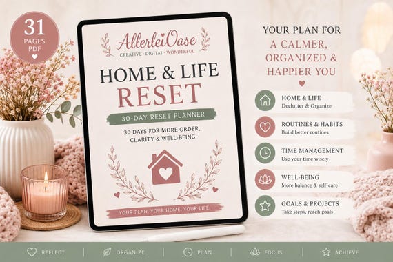 Home & Life Reset Planner | 30‑Tage Reset Workbook | Haushaltsplaner, Routine Tracker and Digital Declutter | Deutsch/Englisch