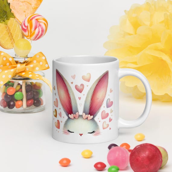 Cute Bunny White Glossy Mug, Easter Mug, Hearts Mug, Bunny Gift, Coffee Cup, Easter Gift, Gift For Her, Animal Lover