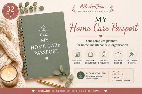 My Home Care Passport Printable | Home Maintenance Planner / Repair Log | Appliances, Warranties & Home Projects | 32-Page PDF