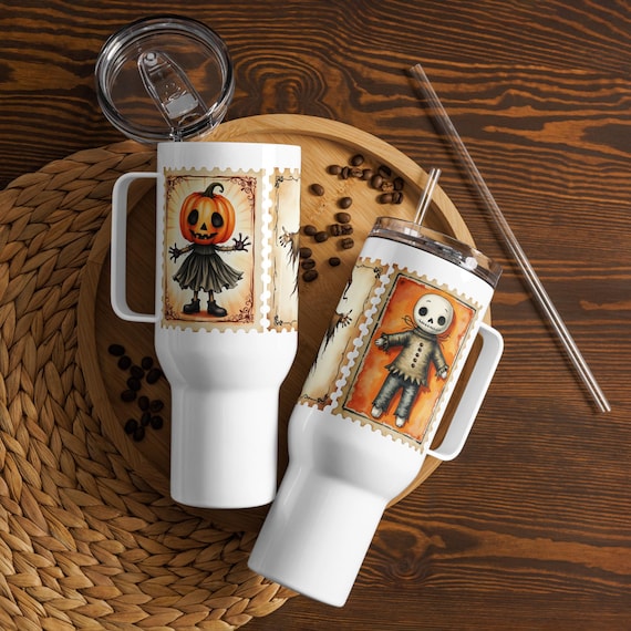Halloween Travel Mug, Postage-Stamp Design, Mug with Handle, Portable Coffee Cup, Witch's Brew Mug, Gift Idea, Spooky Mug