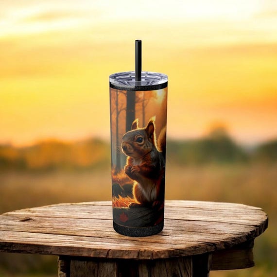 Autumn Squirrel and Landscape Skinny Tumbler - 20oz with Straw - Fall-Themed Drinkware