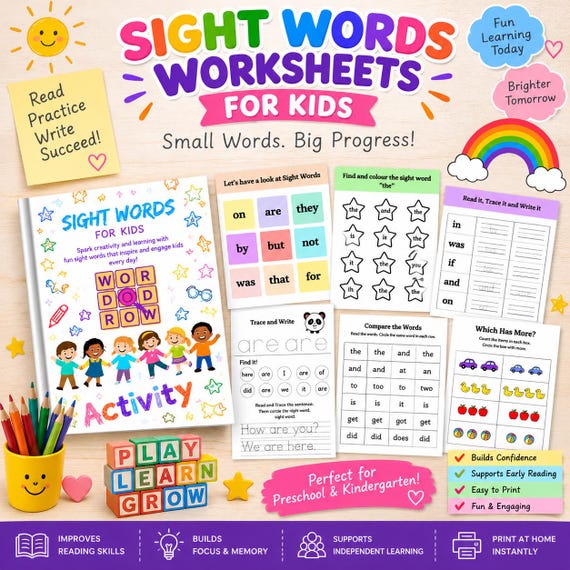 Sight Words for Kids, Kids Worksheet, Learning Resource, Educational Tool, Homeschool Material, Reading Aid, Preschool Activities