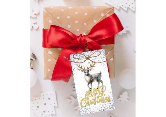 Christmas Gift Tags Set of 4, Sparkley Silver, Holiday Present Labels, Gift Decor, Christmas Labels, Gift Tags for Christmas, Printable Tags