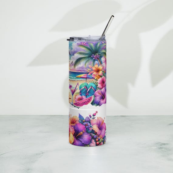 Summer Beach Tumbler with Flowers, Stainless Steel Drinkware, Insulated Cup, Floral Travel Mug, Beach Lover Gift, Travel Tumbler