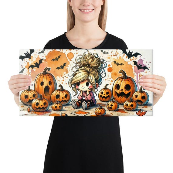 Canvas Pumpkin Girl Print, Unique Artwork, Trendy Wall Decor, Autumn Art, Fall Home Decor, Seasonal Decoration, Pumpkin Art