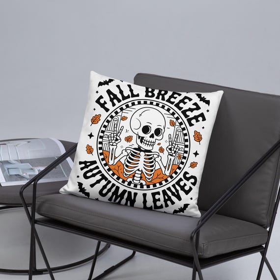 Skeleton Fall Design Pillow, Basic Pillow, Halloween Decor, Autumn Skeleton Pillow, Spooky Home Accent, Halloween Pillow