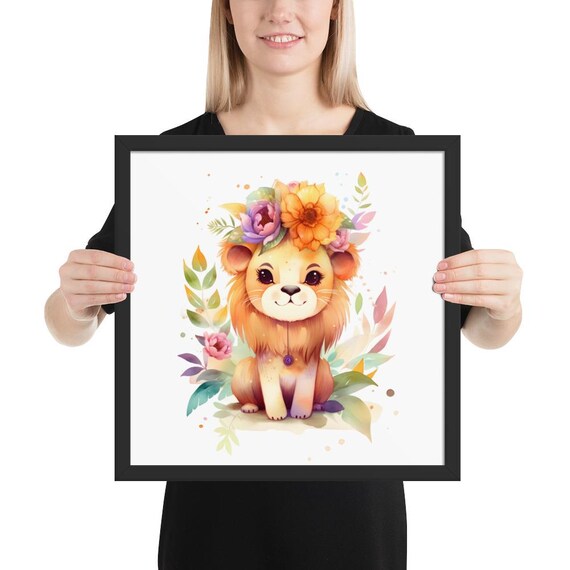 Cute Floral Lion Framed Poster, Unique Kids Wall Art, Playroom Decor, Nursery Gifts, Lion Art For Children, Nursery Art