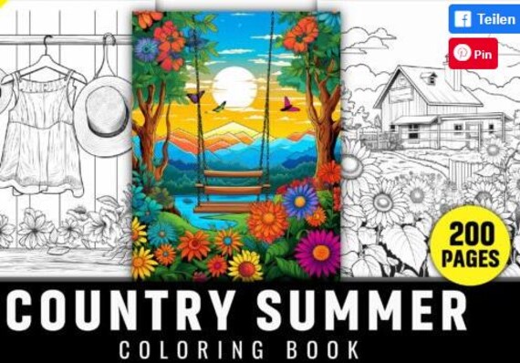 200 Country Summer Coloring Pages, Instant Download, High Quality, KDP Coloring Book, Adult Relaxation, Summer Coloring Pages