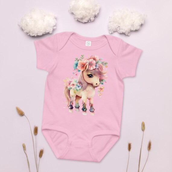 Baby Jersey Bodysuit, Horse and Flowers Design, Watercolor Bodysuit, Baby Outfit, Newborn Gift, Animal Print, Unique Baby Gift