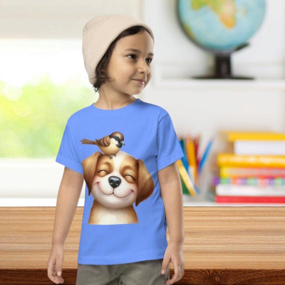 Cute Animals Toddler Tee, Short Sleeve Dog with Bird, Everydaywear, Kids Animal T-shirt, Children's Top