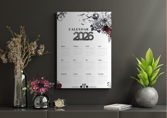 Gothic Yearly Wall Calendar Poster 2026, Printable Calendar, Yearly Wall Calendar, Gothic Wall Art, Home Decor, Unique Gift, Gothic Poster