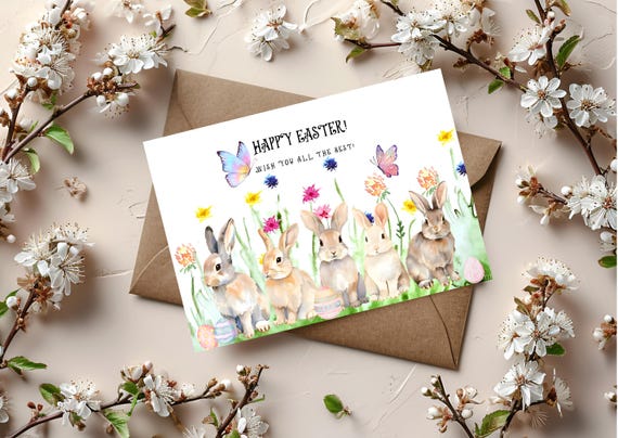 Colorful Watercolor Easter Greeting Card, Printable Easter Card, Spring Holiday Card, Easter Bunny, DIY Easter Decor, Easter Bunny Card