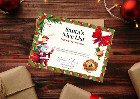 Santa's Nice List Certification, Personalized Santa Certificate, Xmas Certificate for Kids, Nice List Letter, Santas Official