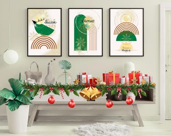 May include: Three framed Christmas art prints with gold and brown geometric designs and the words "Season", "Christmas", and "Warm Wishes". A decorated console table displays gifts, ornaments, and a garland with bells.