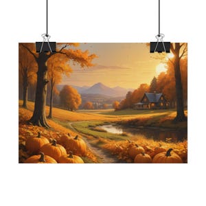 Póster de paisaje otoñal con calabazas - Arte mural de la temporada de cosecha - Decoración acogedora de otoño - Impresión enrollada