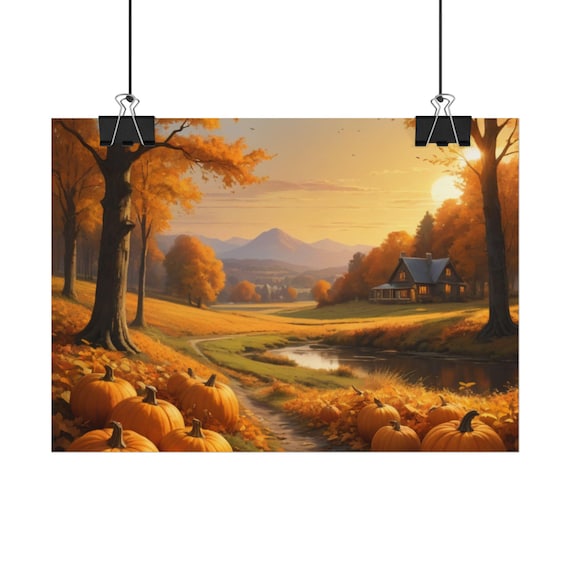Autumn Landscape with Pumpkins Poster - Harvest Season Wall Art - Cozy Fall Decor - Rolled Print