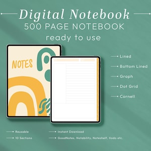 Könnte beinhalten: Zwei digitale Tablets vor einem teal-farbenen Hintergrund. Der Text "Digital Notebook" und "500 PAGE NOTEBOOK ready to use" stehen oben. Ein Tablet zeigt das Wort "NOTES" mit abstrakten Formen. Das andere zeigt liniertes Papier. Merkmale sind liniert, Graphik und Raster.