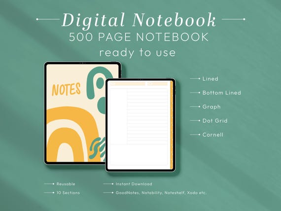 Ultimate Digital Notebook – 500 Hyperlinked Pages with 10 Sections, Lined,Graph, Dot Grid & Cornell Layouts, Editable Digital Notebook