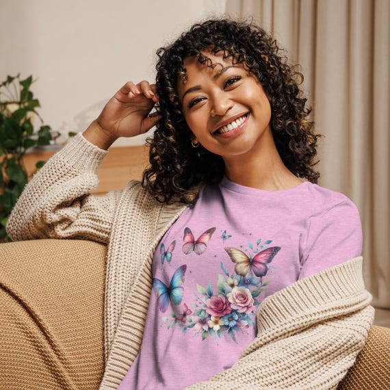 Women's Relaxed T-Shirt with Butterflies, Unique Gift, Butterfly Tee, Nature Inspired, Casual Wear, Gift for Her, Butterfly Shirt