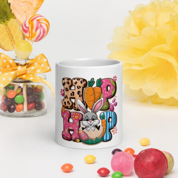 Easter Hip Hop White Glossy Mug, Cute Present, Gift Idea, Fun Coffee Mug, Easter Celebration