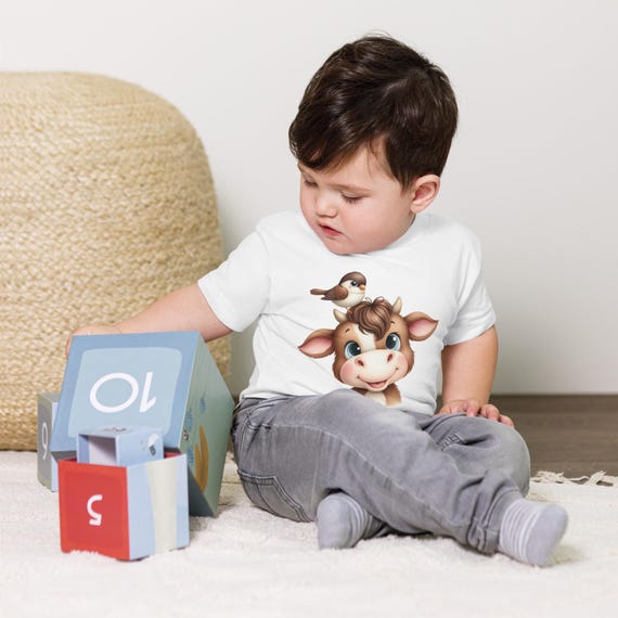 Cute Toddler Tee Cow And Bird, Everydaywear Toddler Shirt, Unique Gift Idea, Kid's T-shirt, Short Sleeve
