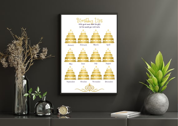 Gold Birthday List Worksheet, Birthday Organiser, Gift Planner, Party Planning, Birthday Tracker, Birthday Reminder, Birthday Checklist